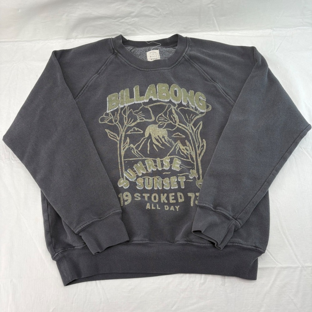 Billabong Sunrise Sunset Graphic Raglan Sweatshirt Charcoal Gray Distressed L